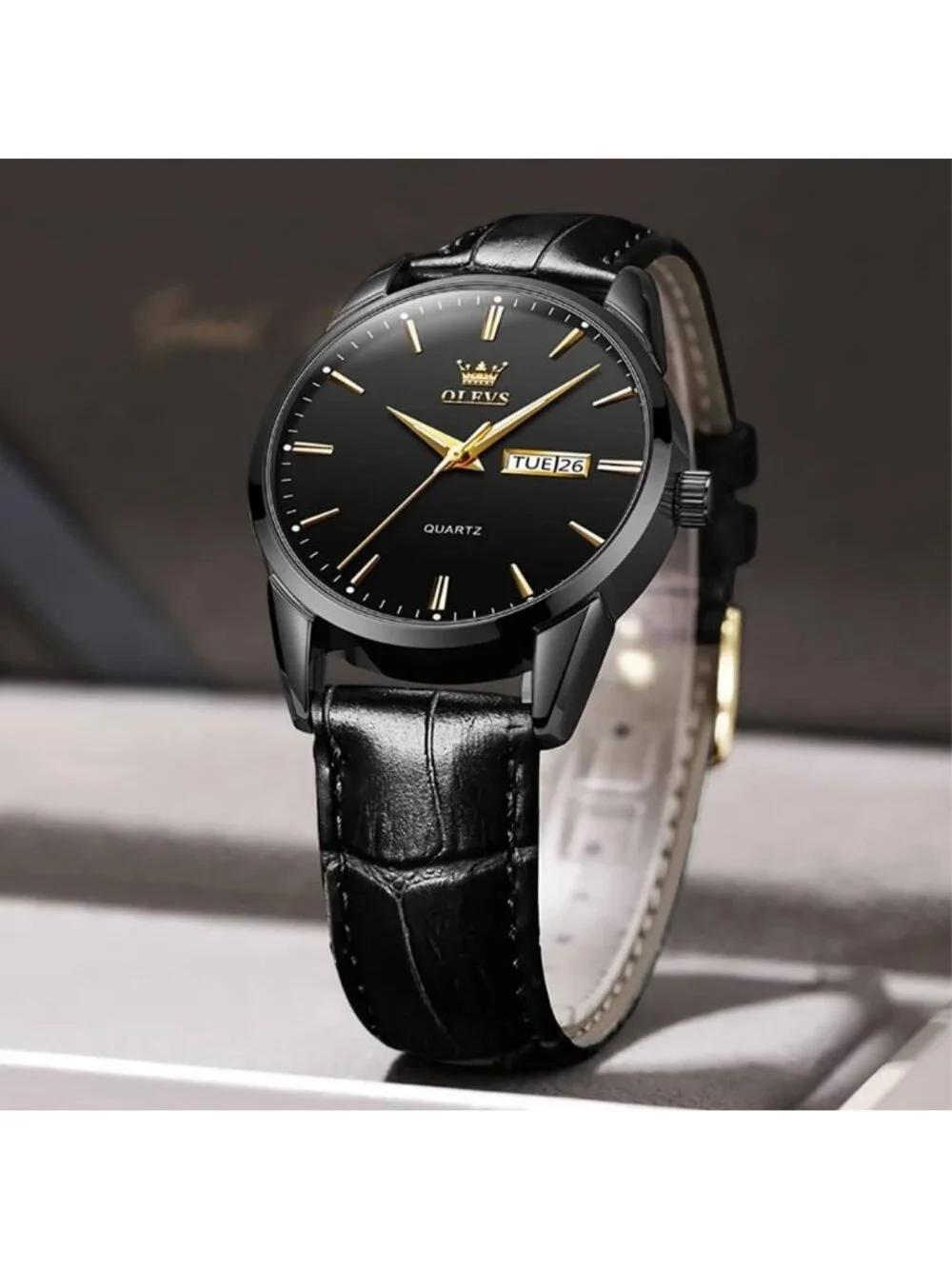 Men's All Black Fashion Quartz Leather Buckle Waterproof Luminous Round Watch